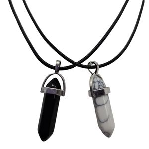 Set Of 2 Gemstones Black Leather Necklace 18"